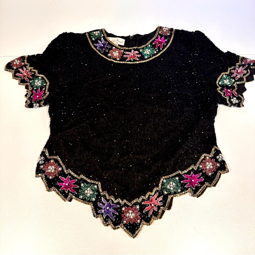 Laurance Kazar Sequin Beaded Petite XL Floral Silk Top Formal Blouse Back Zipper
